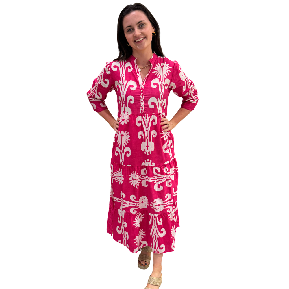 The Addison Dress in Fuchsia White With Self Covered Button Placket — view 2