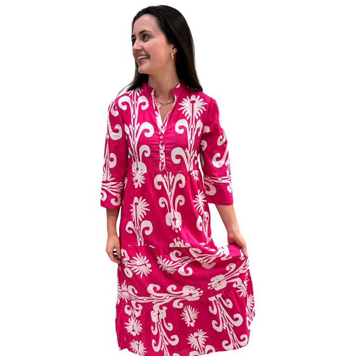 The Addison Dress in Fuchsia White With Self Covered Button Placket — view 6