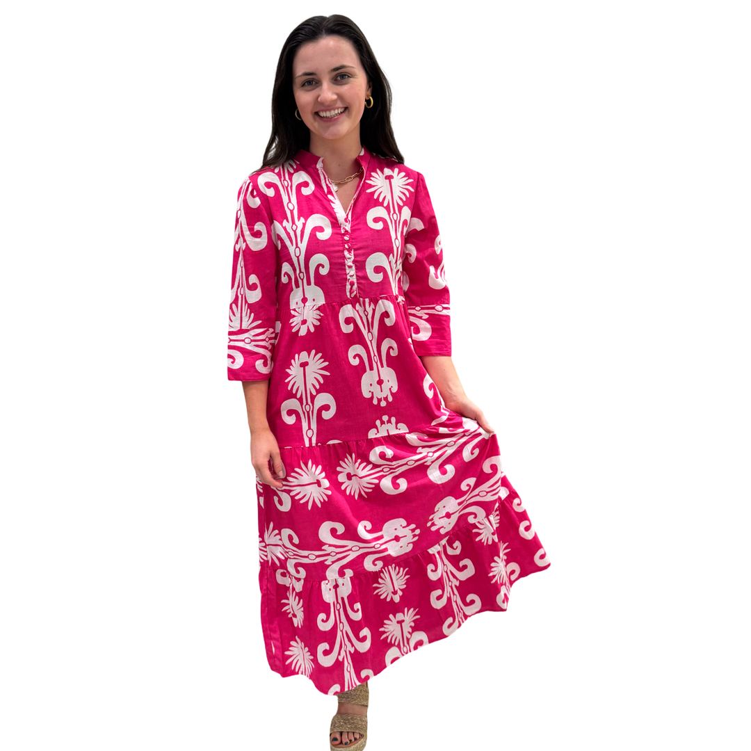 The Addison Dress in Fuchsia White With Self Covered Button Placket