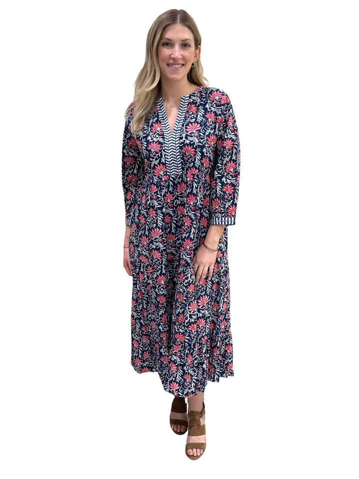 The Daniella Embroidered Trim Dress in Navy and Pink Handblocked Floral — view 2