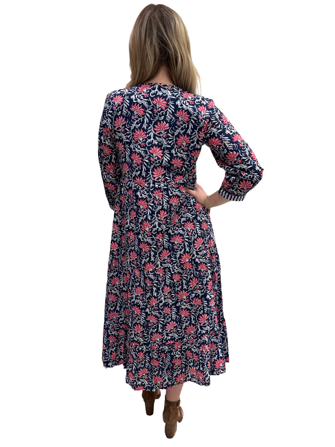 The Daniella Embroidered Trim Dress in Navy and Pink Handblocked Floral — view 5