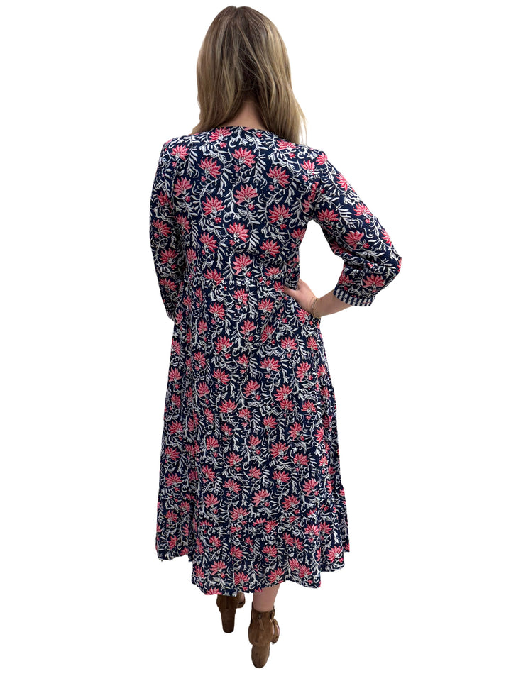 The Daniella Embroidered Trim Dress in Navy and Pink Handblocked Floral — view 5