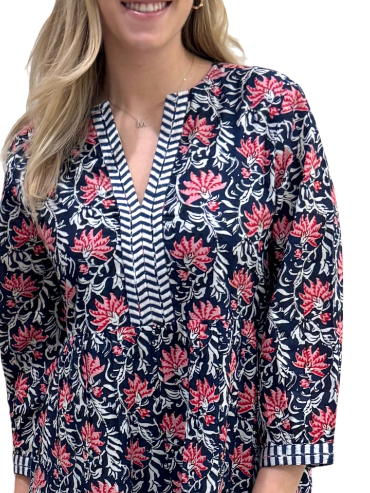 The Daniella Embroidered Trim Dress in Navy and Pink Handblocked Floral — view 4