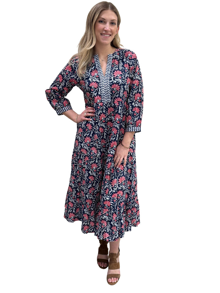 The Daniella Embroidered Trim Dress in Navy and Pink Handblocked Floral — view 3