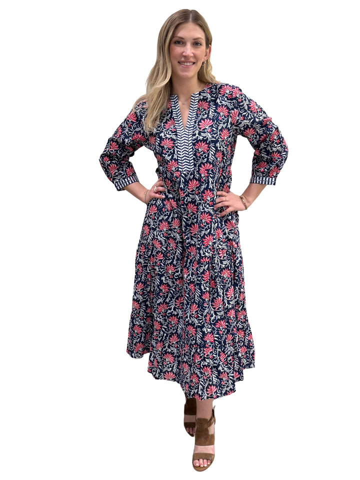 The Daniella Embroidered Trim Dress in Navy and Pink Handblocked Floral — view 6