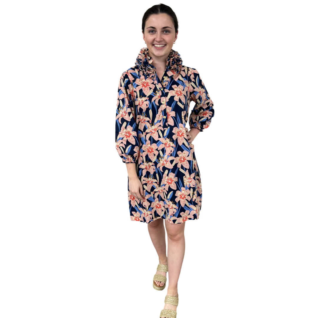 The Maria Ruffle Neck Dress In Navy Pink Lily Floral — view 4