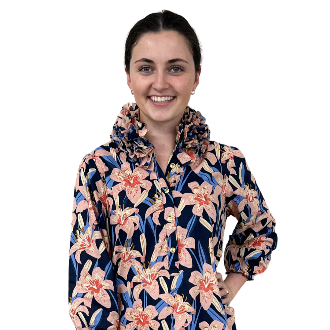 The Maria Ruffle Neck Dress In Navy Pink Lily Floral — view 5