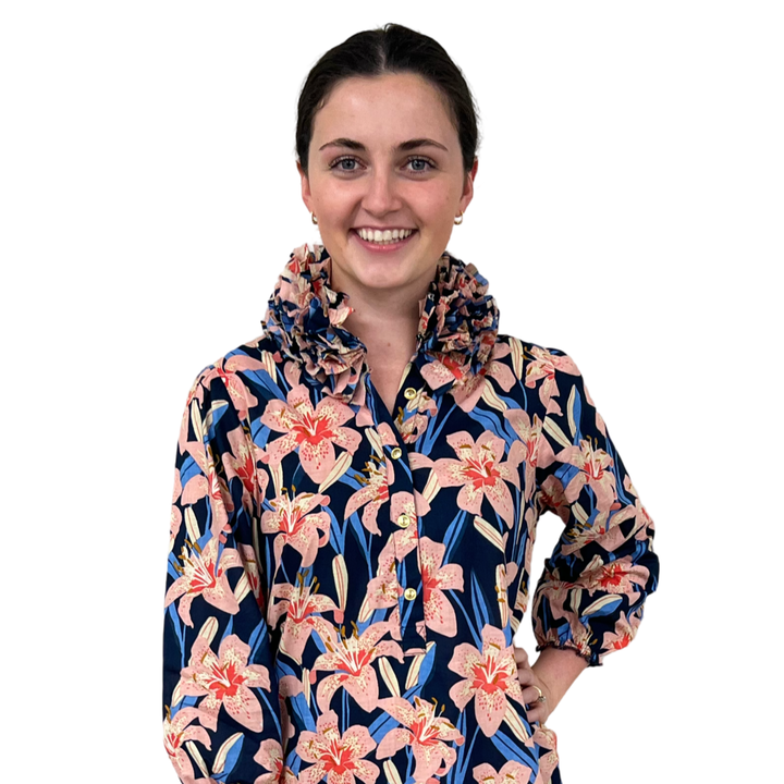 The Maria Ruffle Neck Dress In Navy Pink Lily Floral — view 5