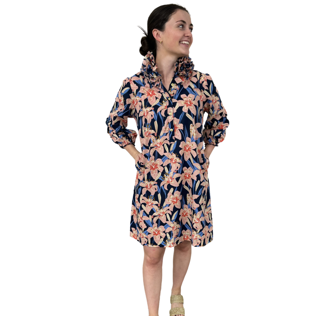 The Maria Ruffle Neck Dress In Navy Pink Lily Floral — view 3