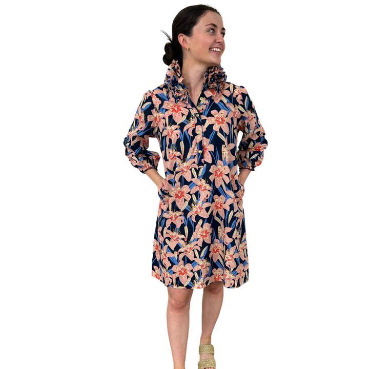 The Maria Ruffle Neck Dress In Navy Pink Lily Floral — view 3