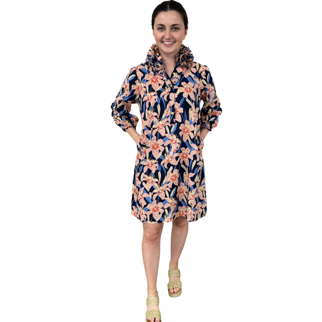 The Maria Ruffle Neck Dress In Navy Pink Lily Floral