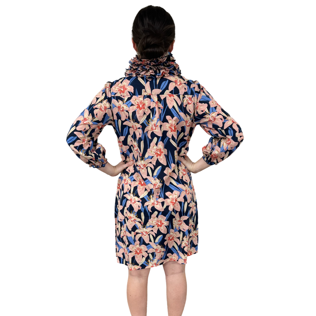 The Maria Ruffle Neck Dress In Navy Pink Lily Floral — view 7