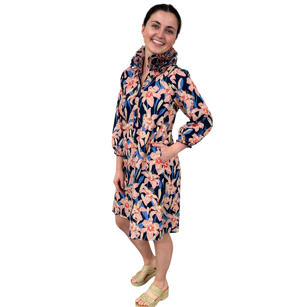 The Maria Ruffle Neck Dress In Navy Pink Lily Floral — view 2