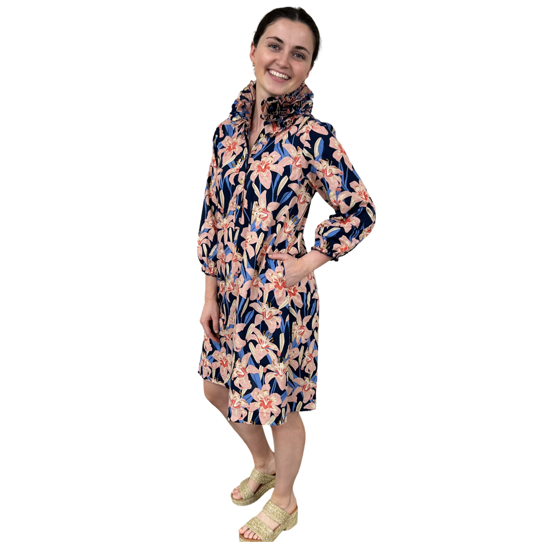 The Maria Ruffle Neck Dress In Navy Pink Lily Floral — view 2