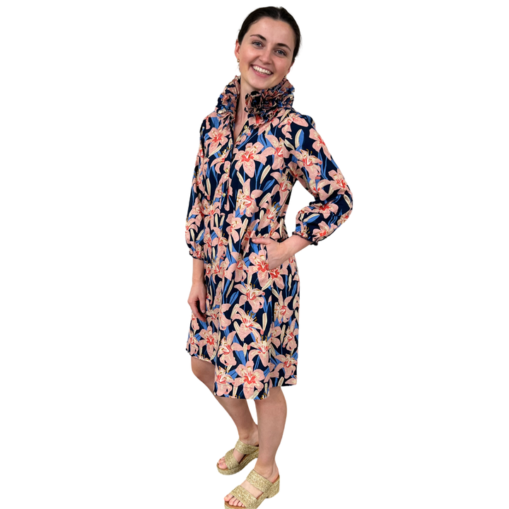 The Maria Ruffle Neck Dress In Navy Pink Lily Floral — view 2