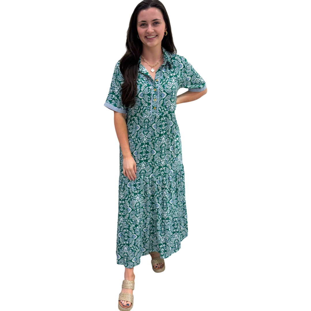 The Short Sleeve Jaqueline Dress in Green Blue With Blue Striped Trim — view 3