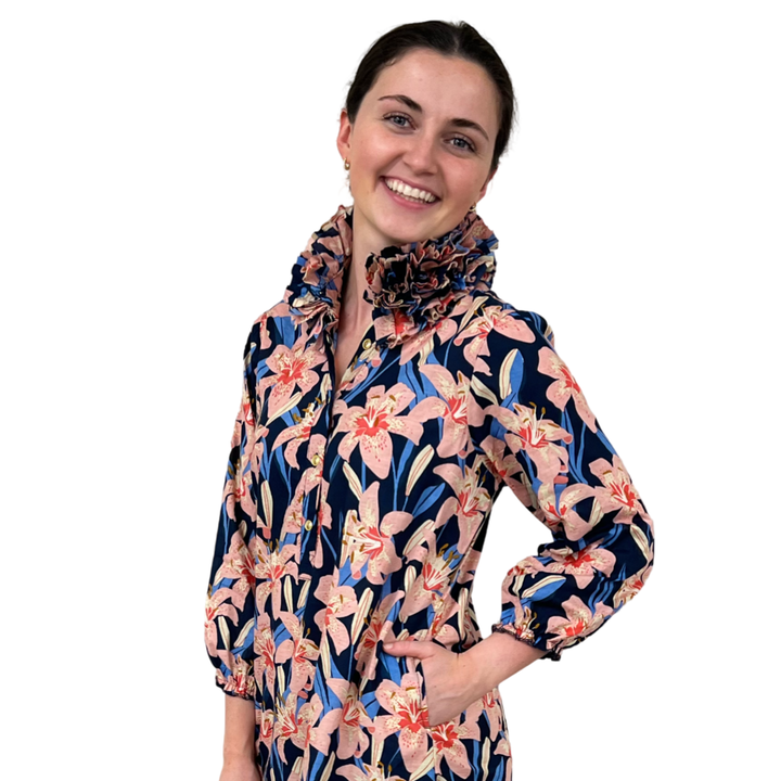 The Maria Ruffle Neck Dress In Navy Pink Lily Floral — view 6
