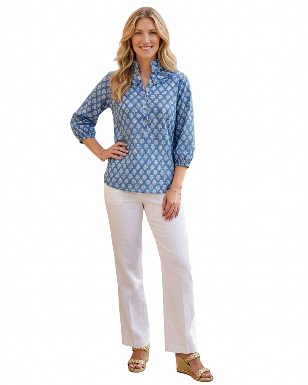 The Maria Ruffle Neck Blouse in Blue and Mint Floral