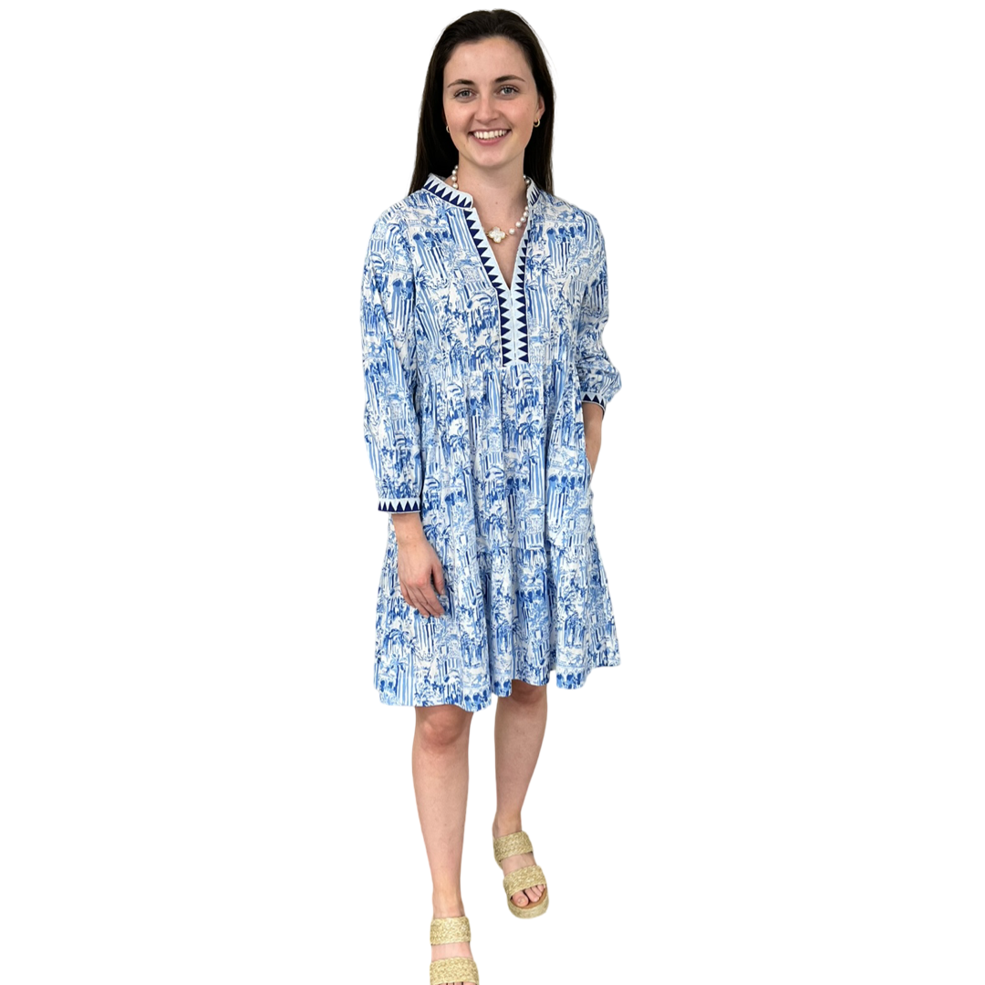 The Naomi Embroidered Trim Dress in Blue White Palm Beach Print