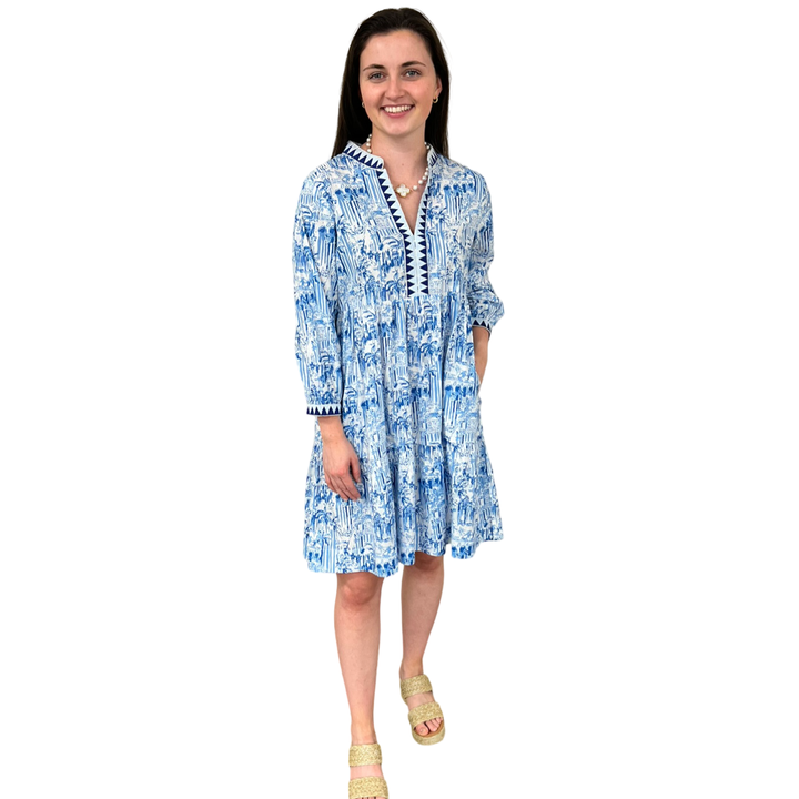 The Naomi Embroidered Trim Dress in Blue White Palm Beach Print