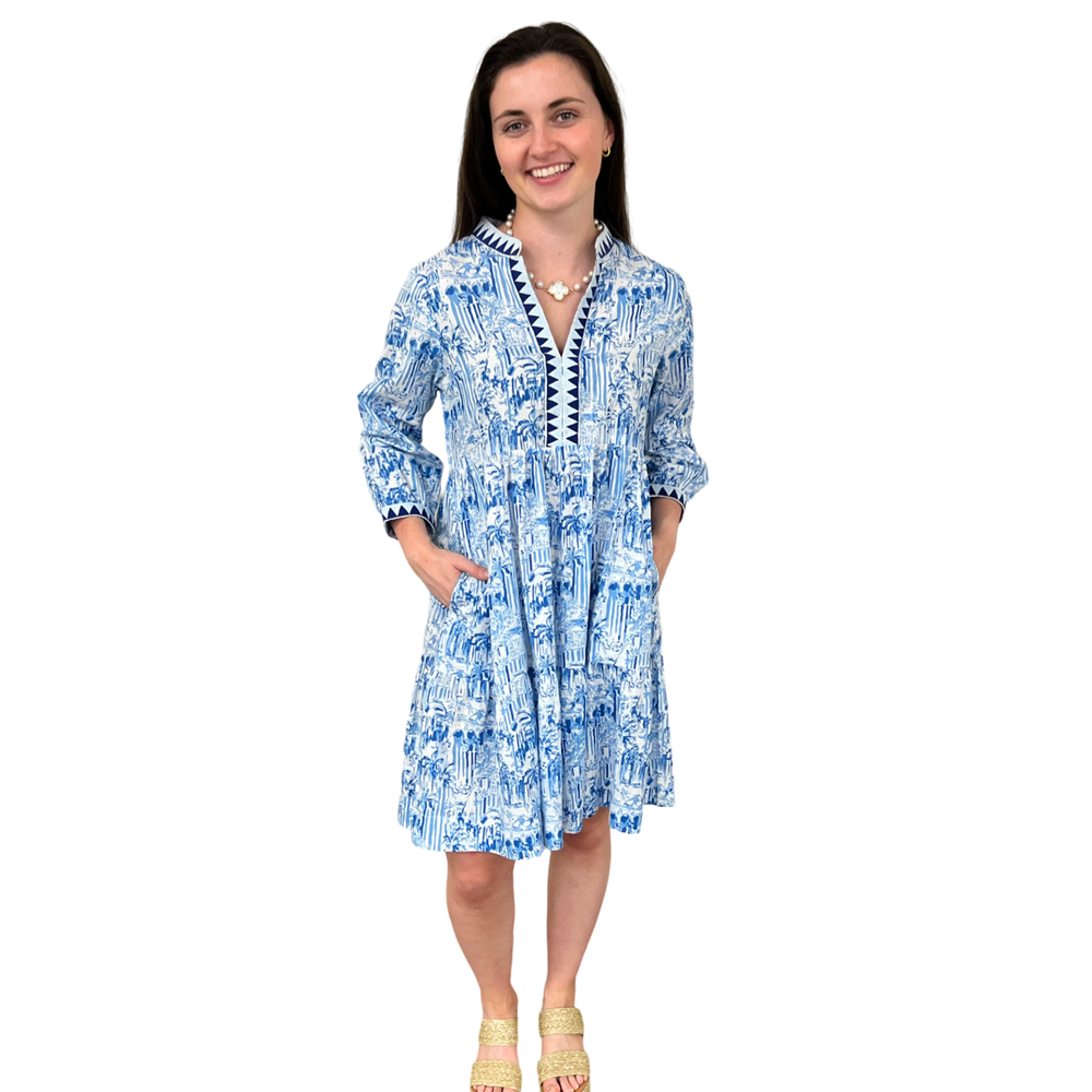 The Naomi Embroidered Trim Dress in Blue White Palm Beach Print — view 2
