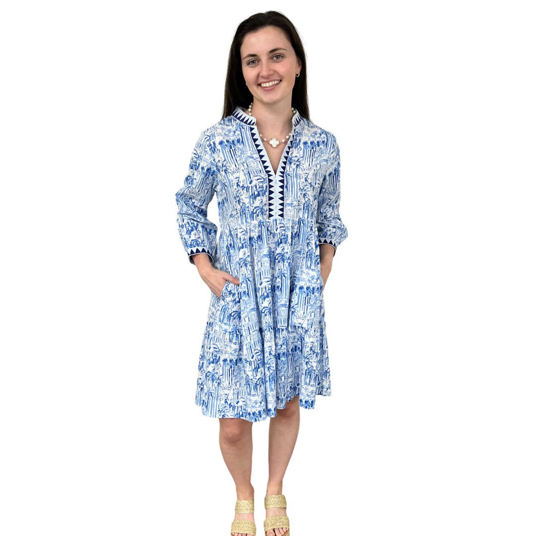 The Naomi Embroidered Trim Dress in Blue White Palm Beach Print — view 2