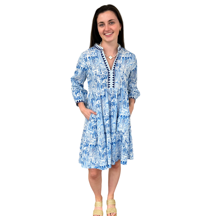 The Naomi Embroidered Trim Dress in Blue White Palm Beach Print — view 2