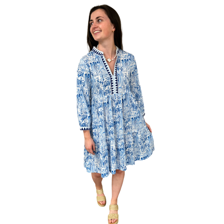 The Naomi Embroidered Trim Dress in Blue White Palm Beach Print — view 3