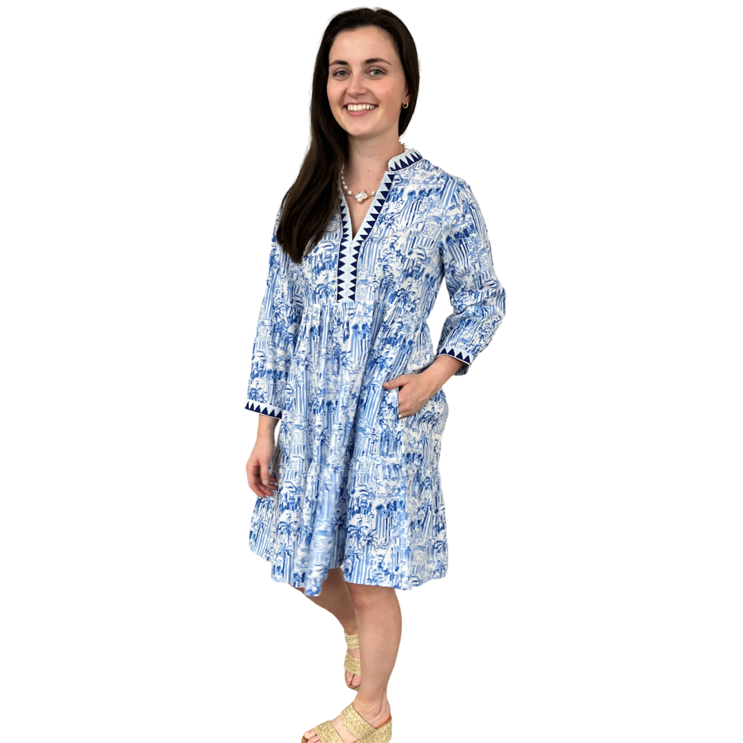 The Naomi Embroidered Trim Dress in Blue White Palm Beach Print — view 5