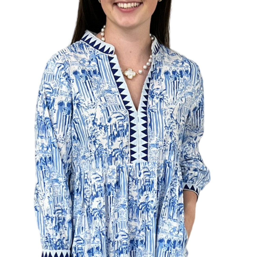 The Naomi Embroidered Trim Dress in Blue White Palm Beach Print — view 4
