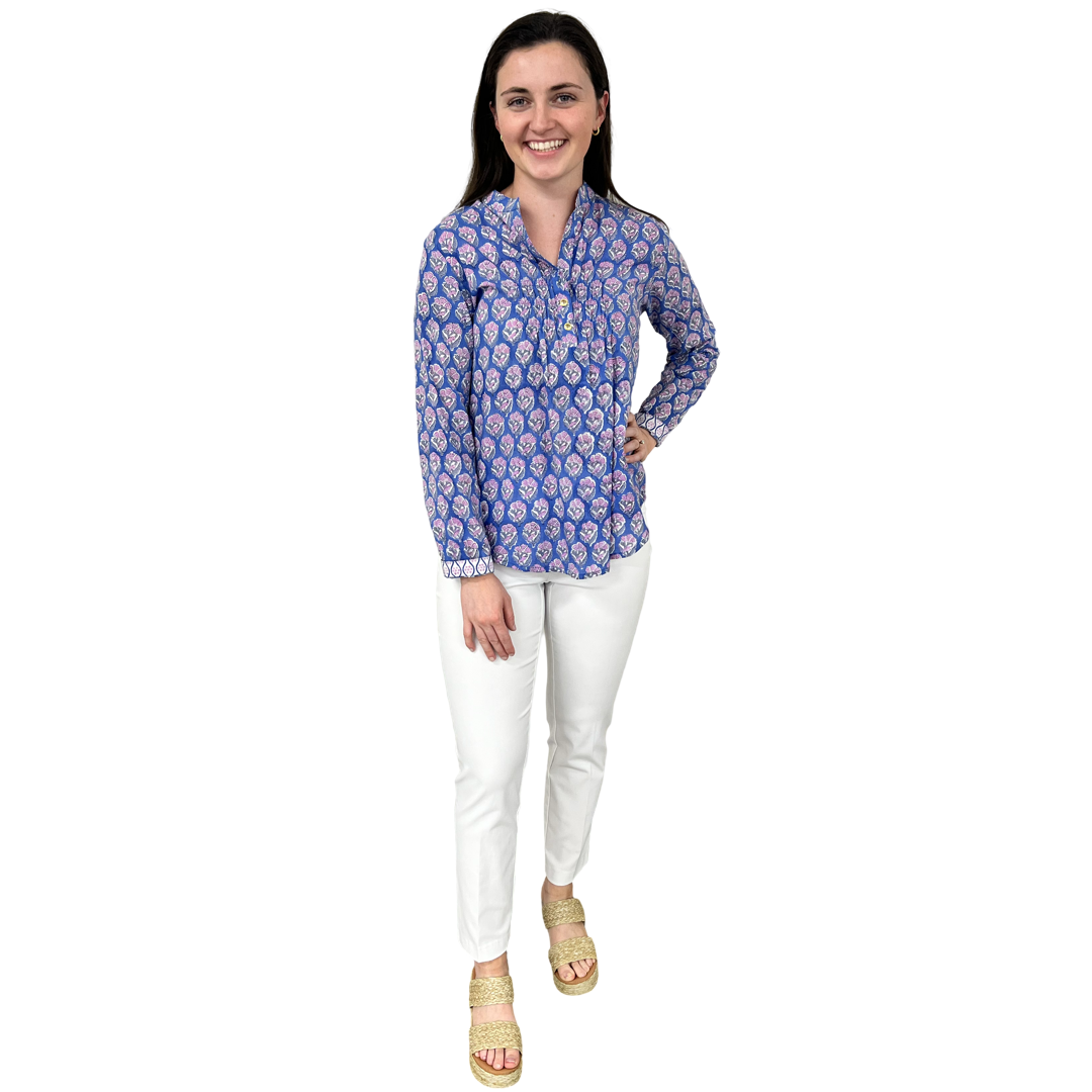 The Avery Cotton Button Front Top in Blue Lavender Hand-block