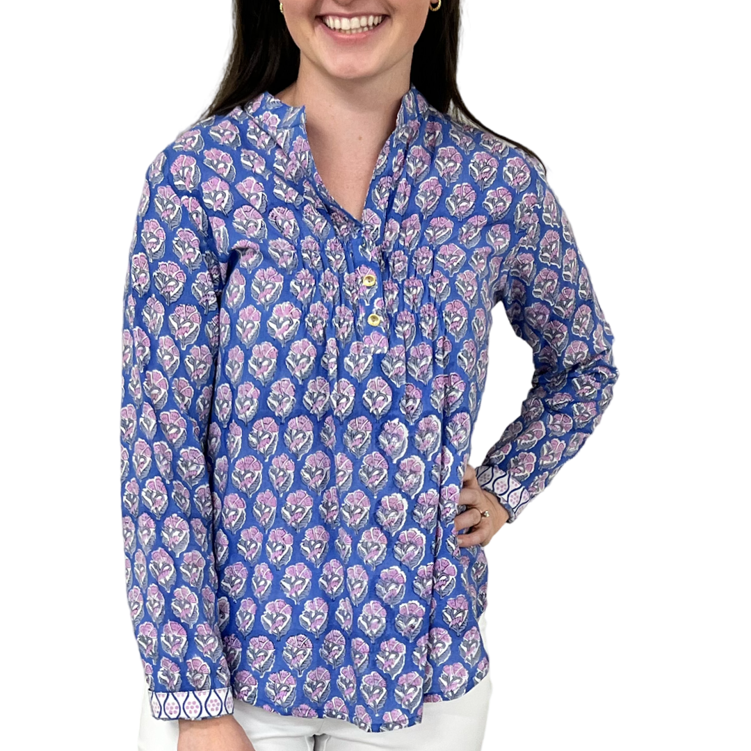 The Avery Cotton Button Front Top in Blue Lavender Hand-block — view 4