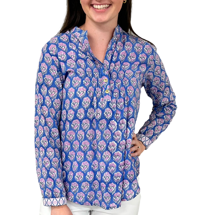 The Avery Cotton Button Front Top in Blue Lavender Hand-block — view 4