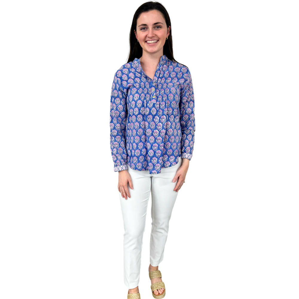 The Avery Cotton Button Front Top in Blue Lavender Hand-block — view 2