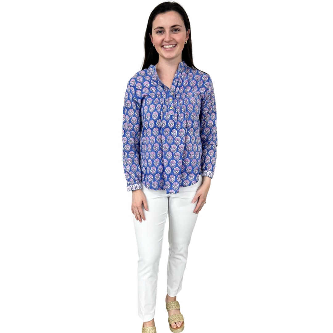 The Avery Cotton Button Front Top in Blue Lavender Hand-block — view 2
