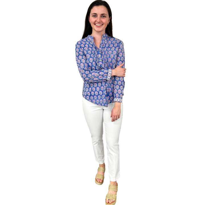 The Avery Cotton Button Front Top in Blue Lavender Hand-block — view 3