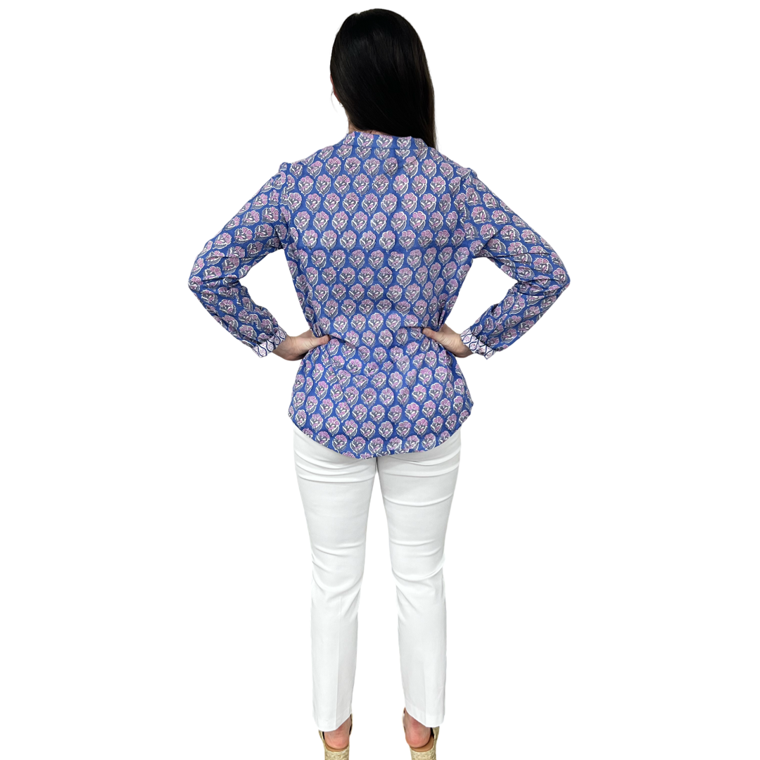 The Avery Cotton Button Front Top in Blue Lavender Hand-block — view 5