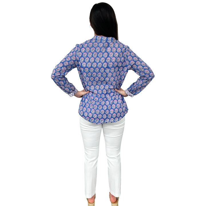 The Avery Cotton Button Front Top in Blue Lavender Hand-block — view 5
