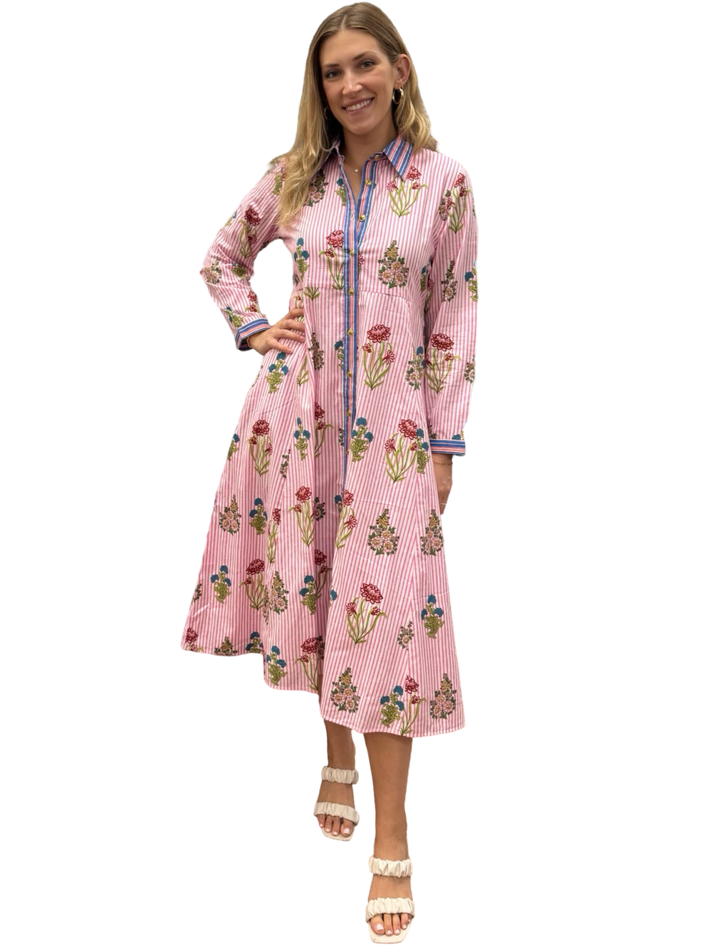 The Marion Dress in Pink Striped Floral — view 2