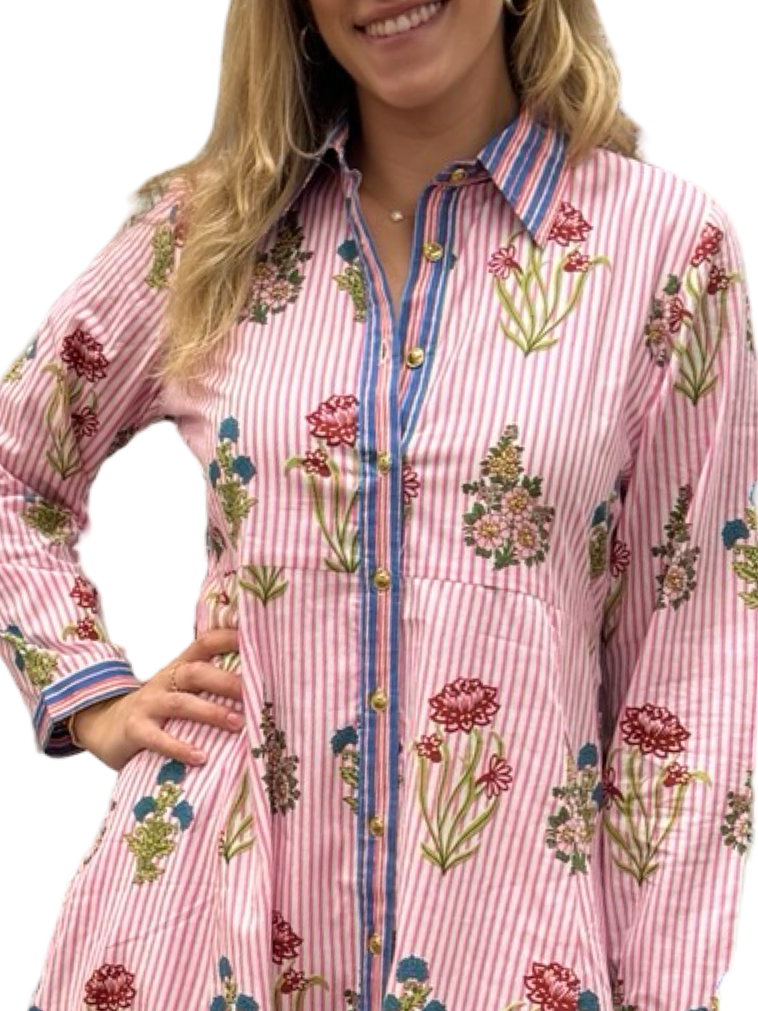 The Marion Dress in Pink Striped Floral — view 3