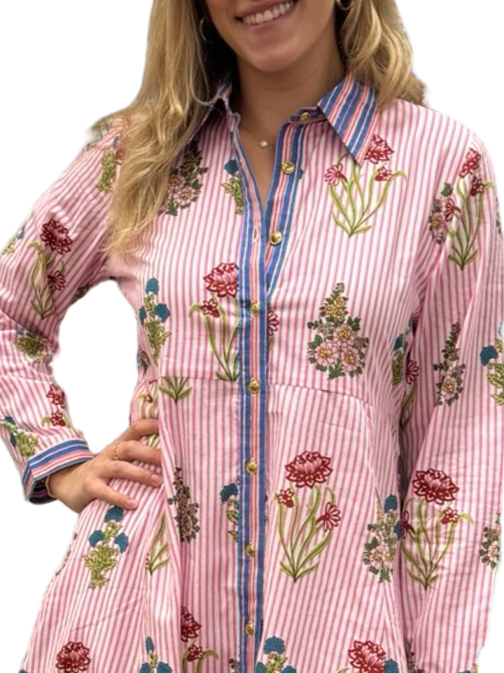 The Marion Dress in Pink Striped Floral — view 3