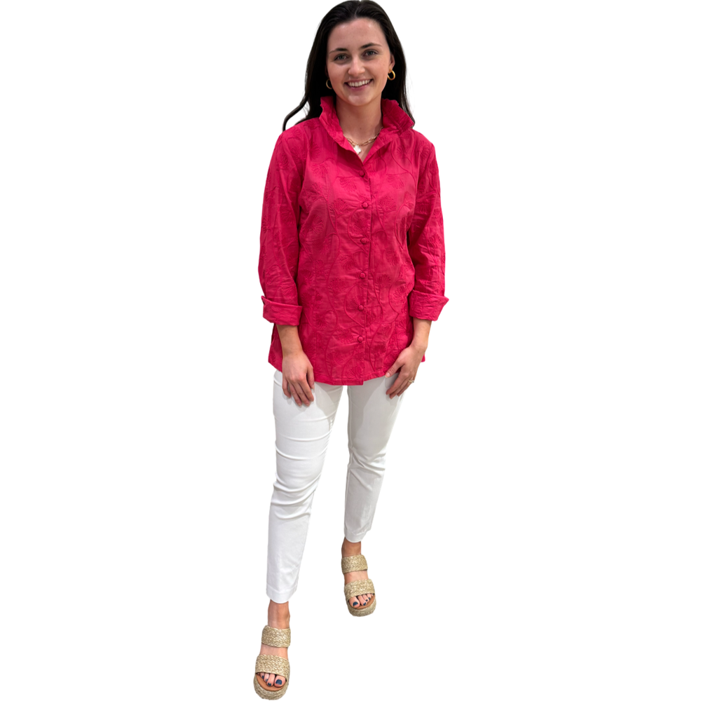 The Diana Stand-Up Collar Embroidered Coral Cotton Button Front Top — view 2