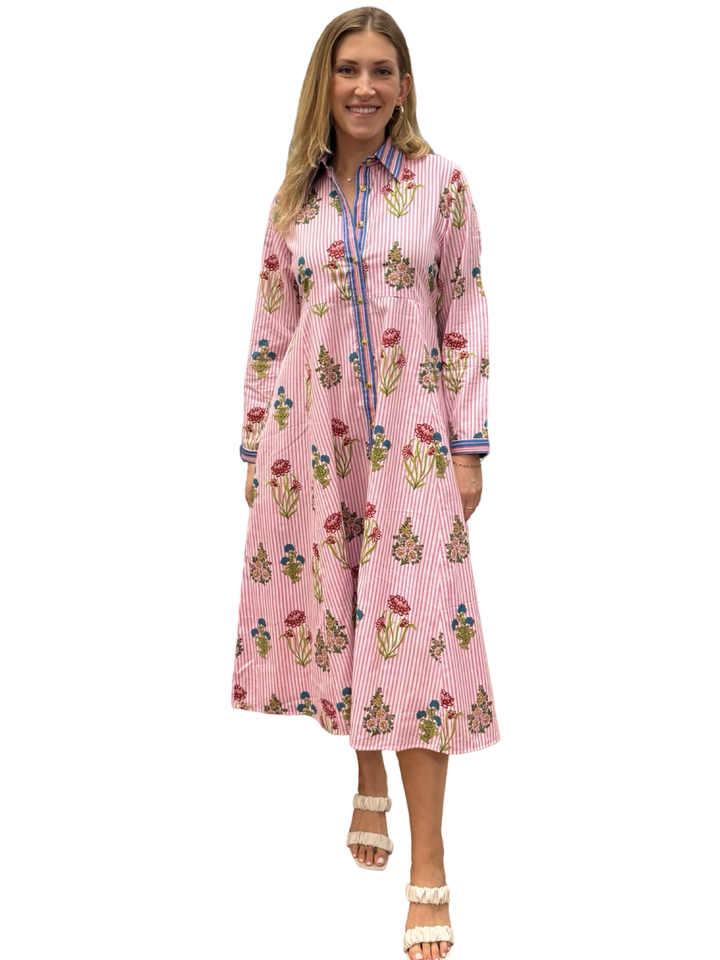 The Marion Dress in Pink Striped Floral — view 4