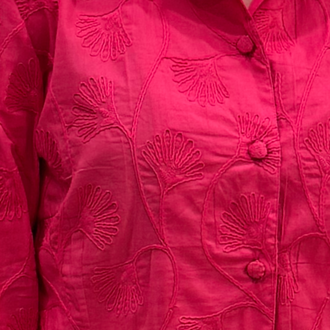 The Diana Stand-Up Collar Embroidered Coral Cotton Button Front Top — view 4