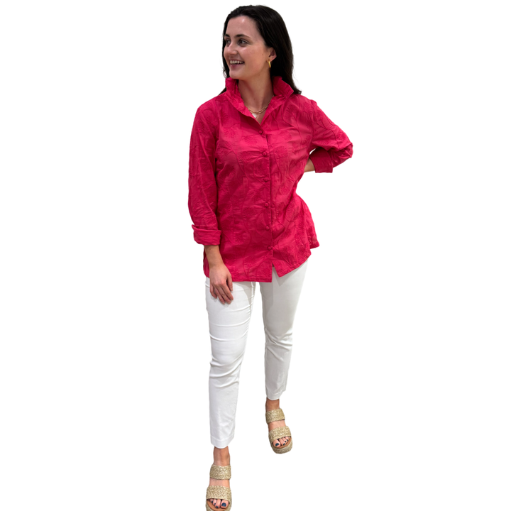 The Diana Stand-Up Collar Embroidered Coral Cotton Button Front Top — view 7