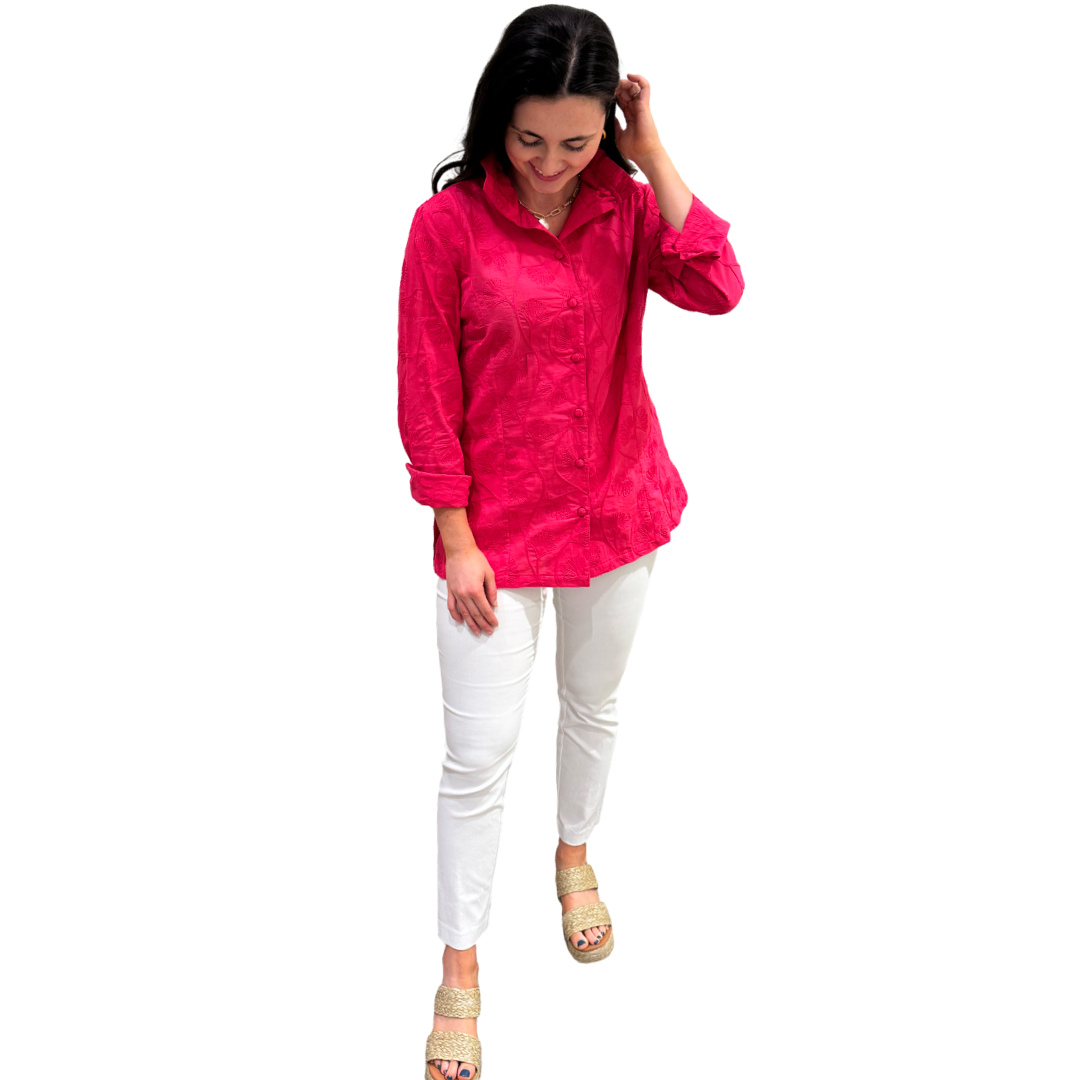 The Diana Stand-Up Collar Embroidered Coral Cotton Button Front Top — view 6