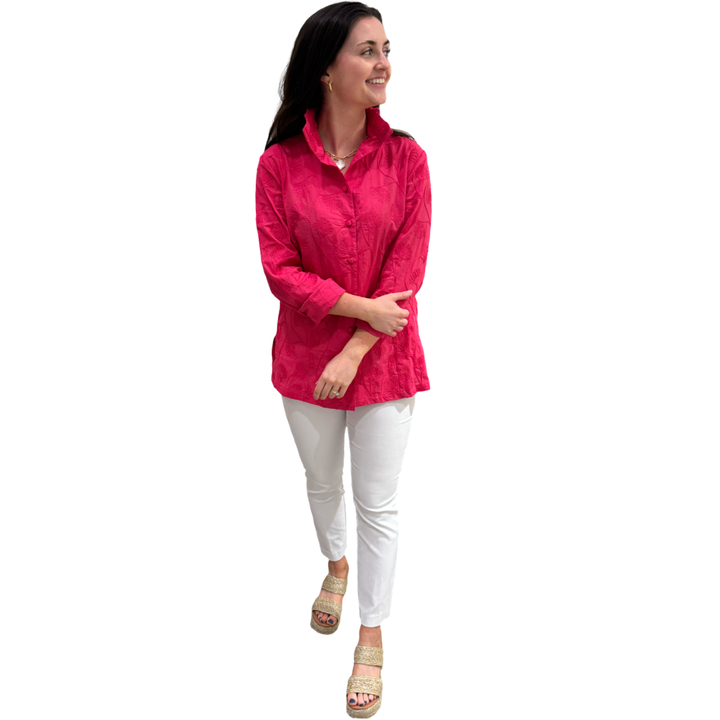 The Diana Stand-Up Collar Embroidered Coral Cotton Button Front Top — view 5
