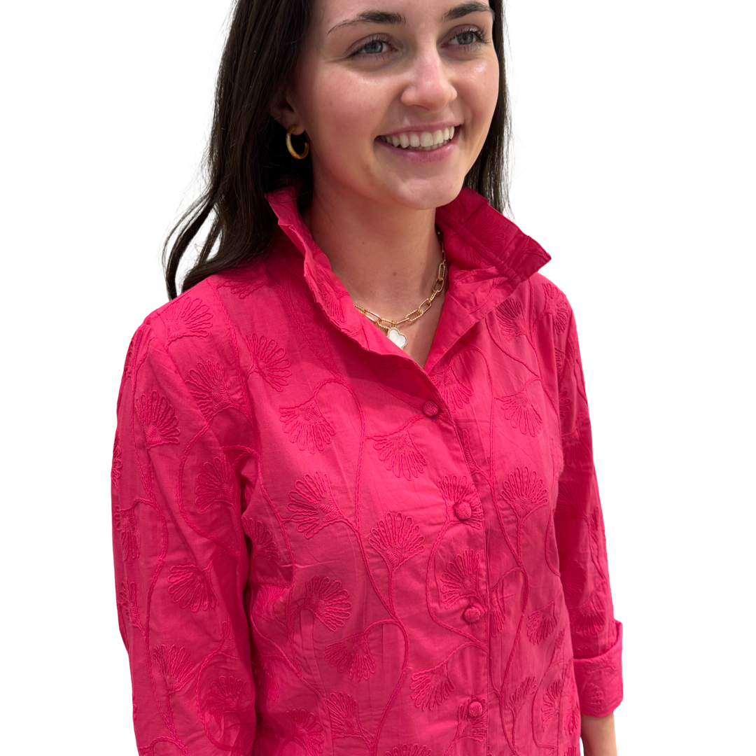 The Diana Stand-Up Collar Embroidered Coral Cotton Button Front Top — view 3