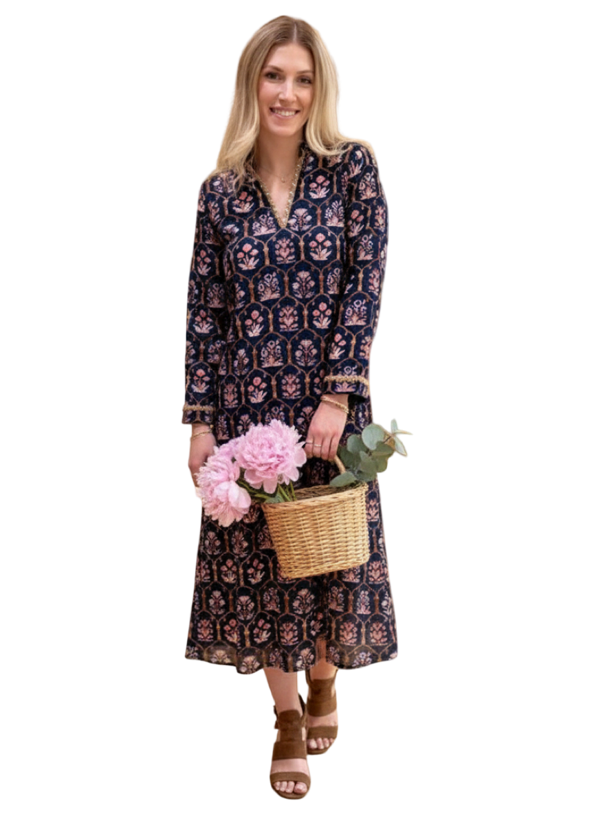 The Winslow Gold Bead Trimmed Dress in Navy and Pink
