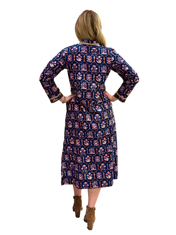 The Winslow Gold Bead Trimmed Dress in Navy and Pink — view 7